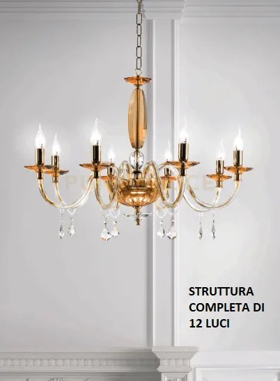 Lampadario cecilia 12 luci vetro e cristallo ambra e trasparente at...