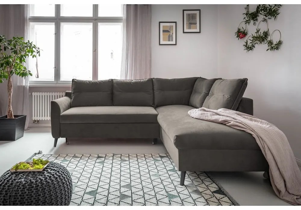 Divano letto angolare in velluto grigio scuro L, angolo destro Stylish Stan - Miuform