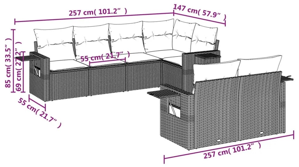 Set Divani da Giardino 7 pz con Cuscini Marrone in Polyrattan