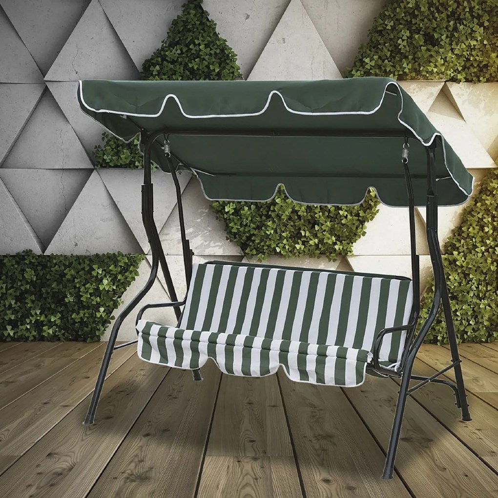 Dondolo da Giardino 3 Posti 170x110x160 cm con Tetto Parasole in Acciaio e Poliestere a Righe Verde...