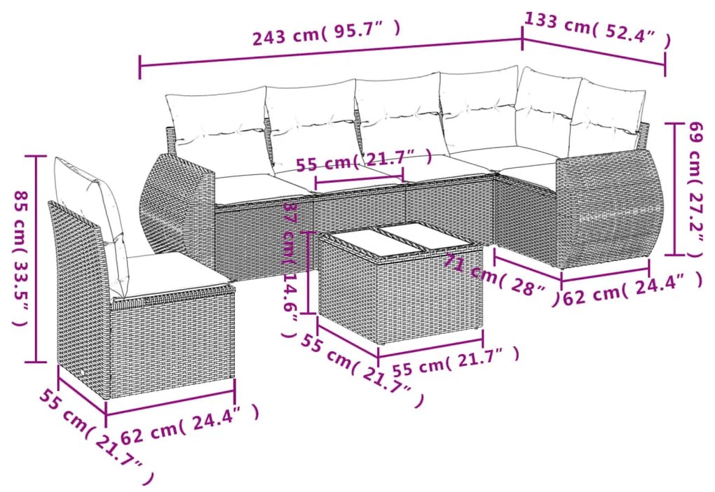 Set divani da giardino 7 pz con cuscini beige in polyrattan