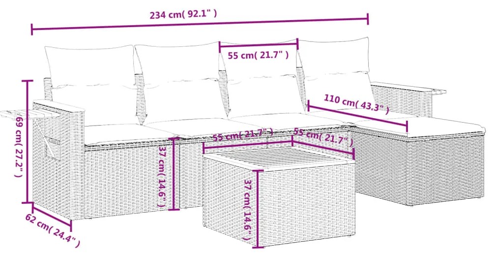 Set divano da giardino 6 pz con cuscini grigio in polyrattan