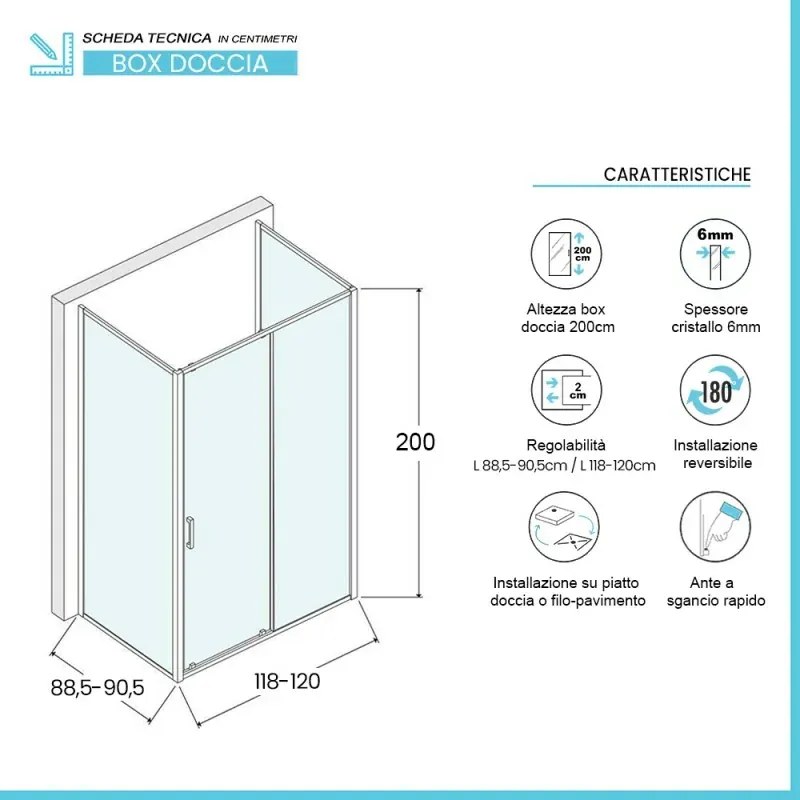 Box doccia 3 lati 90x120x90 cm con porta scorrevole in vetro serigrafato Ted