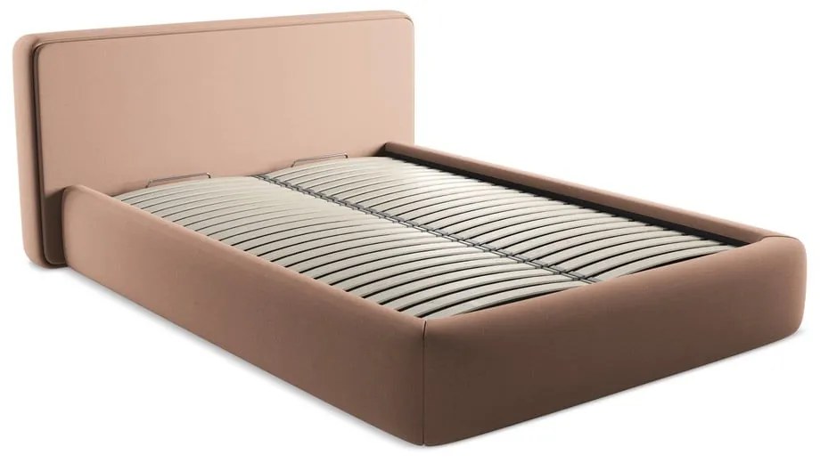 Letto matrimoniale imbottito rosa chiaro con contenitore con griglia 140x200 cm Kiana - Makamii