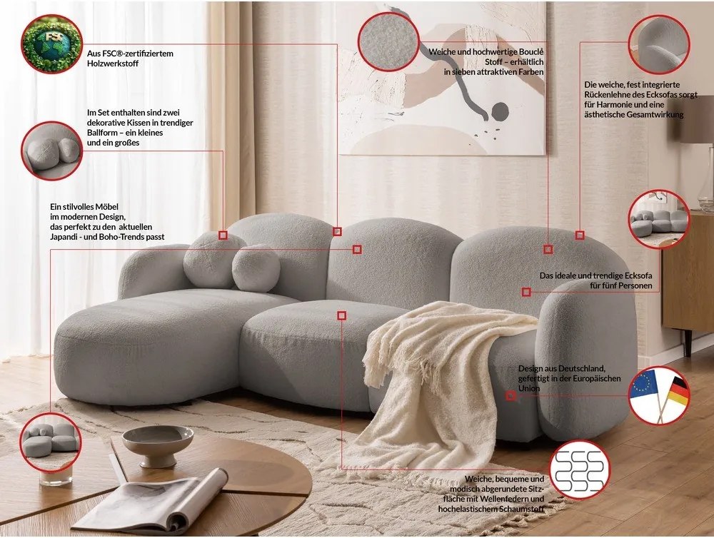 Divano angolare grigio (con penisola a sinistra/con chaise lounge) con rivestimento in bouclé Orbit – Ropez