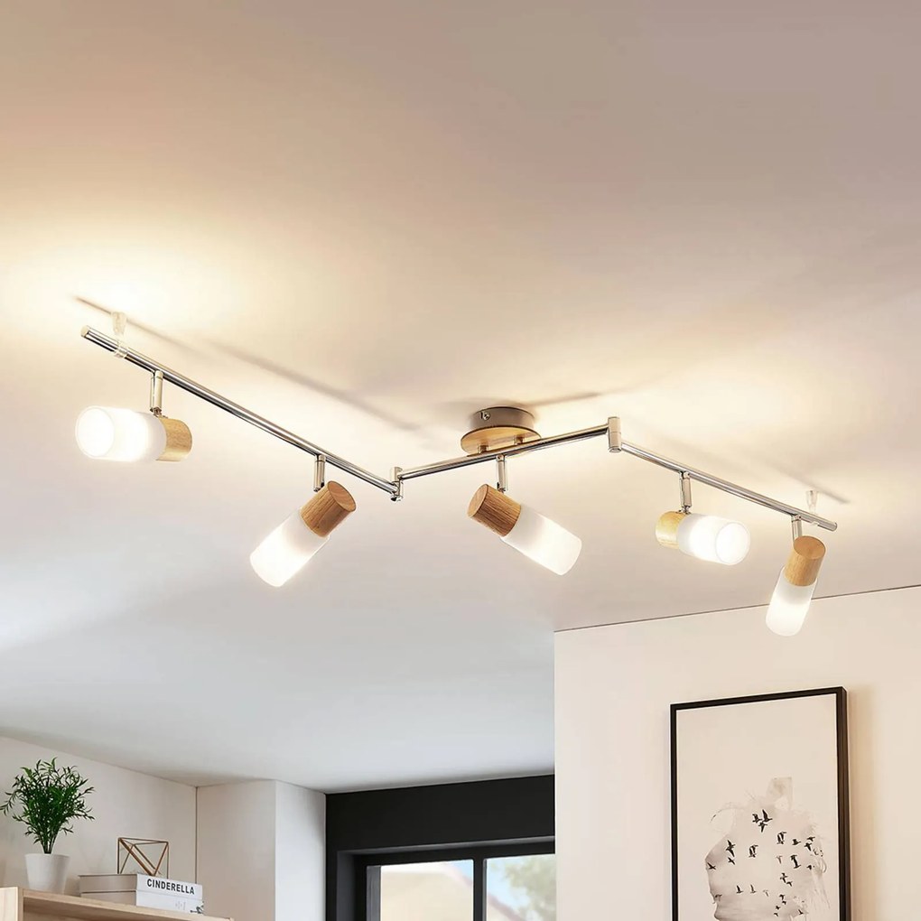 Lindby Faretto da soffitto Christoph, 130 cm, a 4 luci, legno, vetro Christoph Lindby, dimmerabile, Cromo / Argento, Camera da letto, Legno, Campagna / Rustiche, Faretto