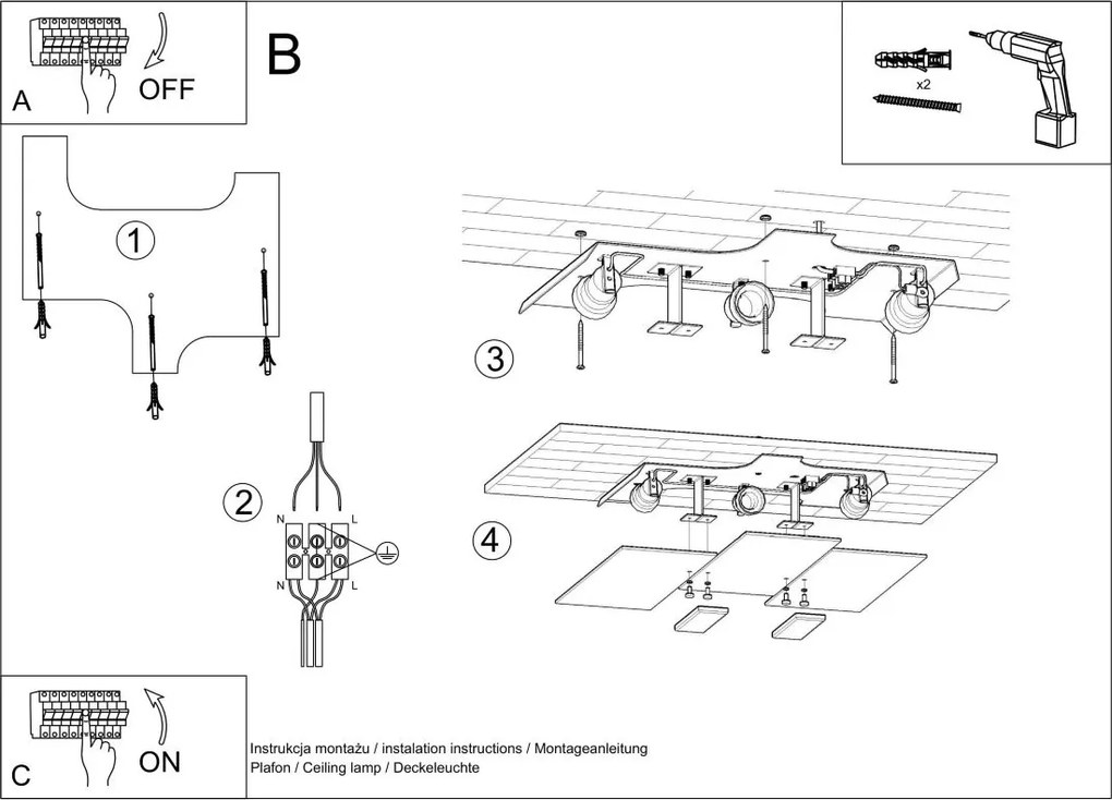 Plafoniera da Soffitto 3xE27 FABIANO in Acciaio e Vetro