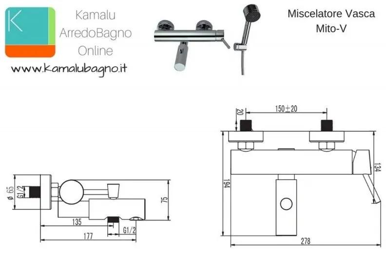 Kamalu - miscelatore per vasca con doccetta e supporto muro modello mito-v