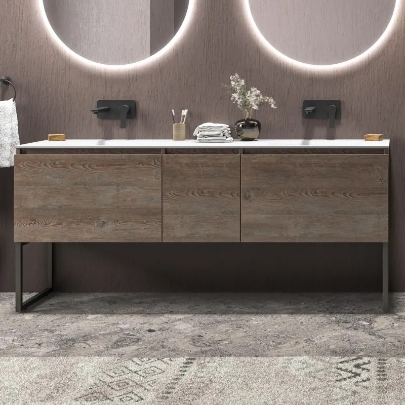 Mobile bagno a terra 175 cm doppio lavabo 2 cassetti e anta SP-175SS - KAMALU