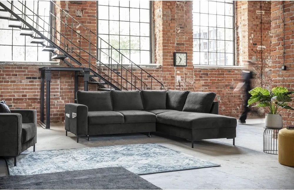 Divano letto angolare in velluto grigio scuro (angolo destro) Lofty Lilly - Miuform