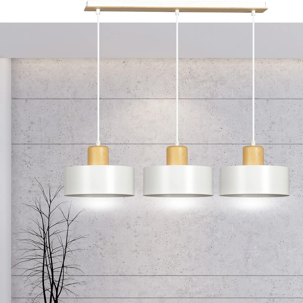 Sospensione Nordica 3 Luci Surya In Acciaio Bianco E Legno