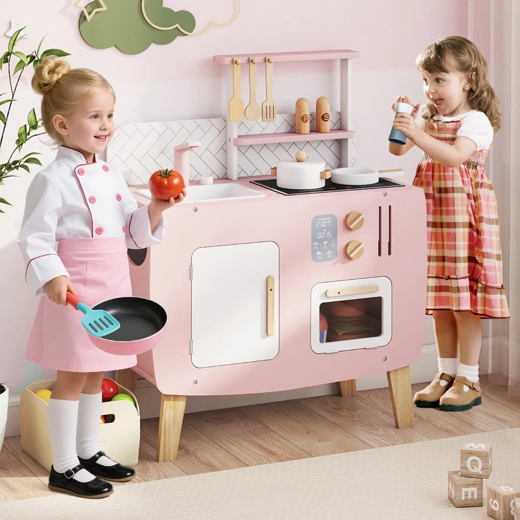 Costway Cucina giocattolo per bambini set cucina in legno con fornelli lavandino rubinetto e forno, Cucina set da chef gioco