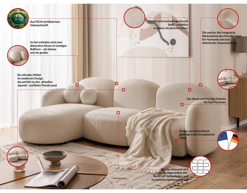 Divano angolare marrone chiaro (con penisola a sinistra/con chaise lounge) con rivestimento in bouclé Orbit – Ropez