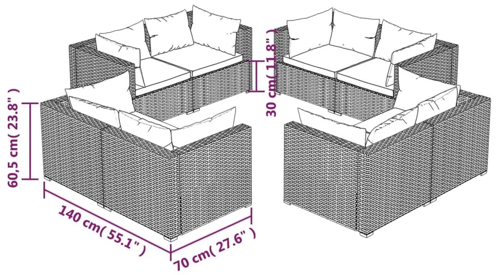 Set divani da giardino 8 pz con cuscini in polyrattan marrone