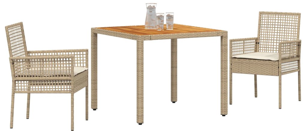 Set da pranzo da giardino 3 pezzi con cuscini beige polyrattan