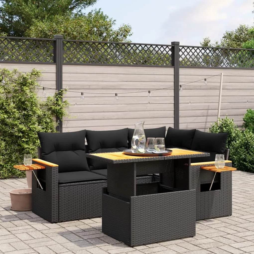 Set divani da giardino 5 pz con cuscini in polyrattan nero