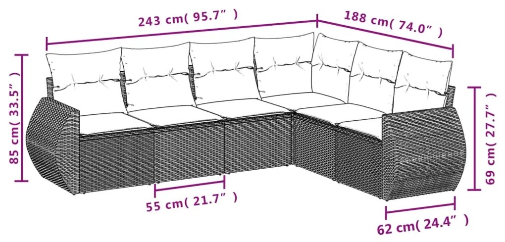 Set divano da giardino 6 pz con cuscini grigio in polyrattan