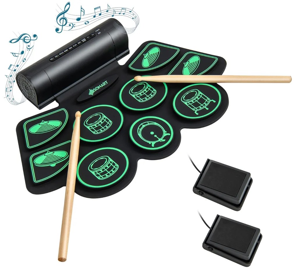 Costway Batteria elettronica drum con altoparlante integrato bacchette in legno pedali, Roll up tamburo per bambini Verde