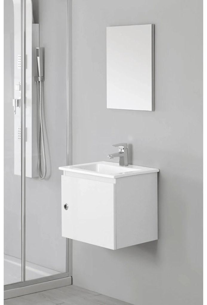Mobile Bagno Sospeso 50 Cm Un'Anta e Specchio Su Pannello 100x60 Cm Feridras "Si 50" Bianco