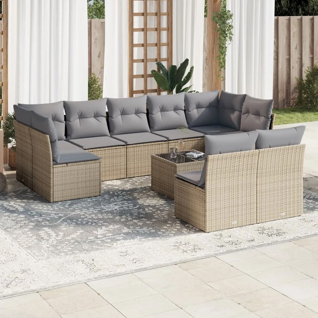 Set divano da giardino 10 pz con cuscini beige in polyrattan