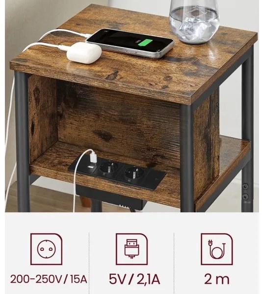 Tavolino da appoggio con prese integrate e porte USB ROD marrone/nero