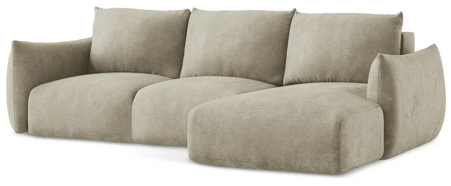 Divano angolare beige allungabile (con penisola a destra/con chaise lounge) con rivestimento in ciniglia Leila – Makamii