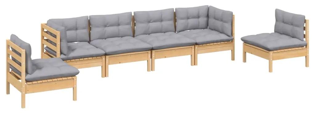Set divani da giardino 6 pz con cuscini grigi massello di pino