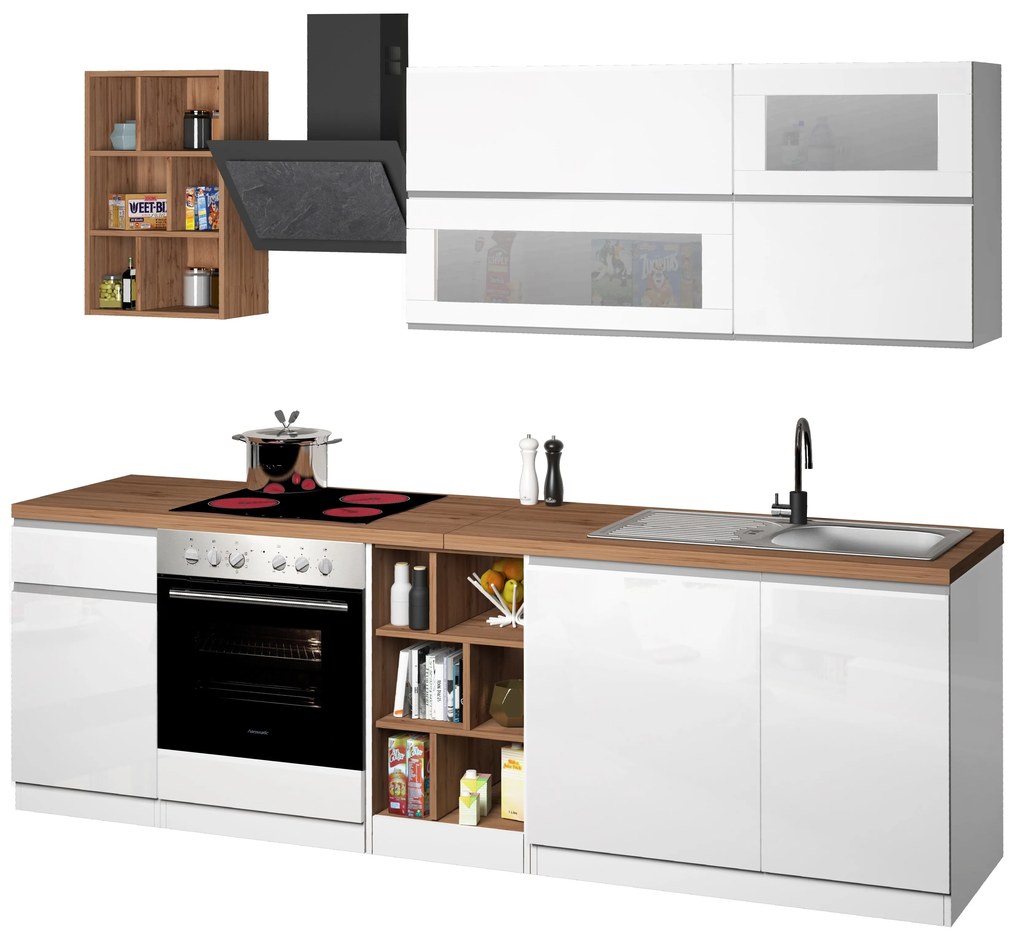Cucina Lineare Moderna SOLE 256 cm – Bianco Lucido e Rovere, Soft Close