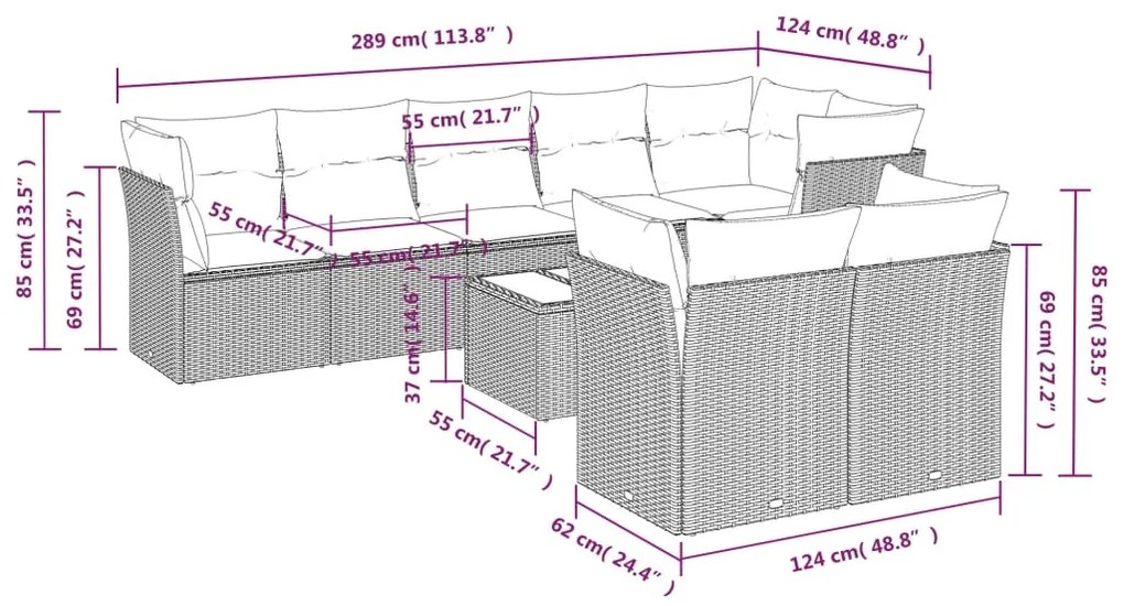 Set divani da giardino 9 pz con cuscini nero in polyrattan