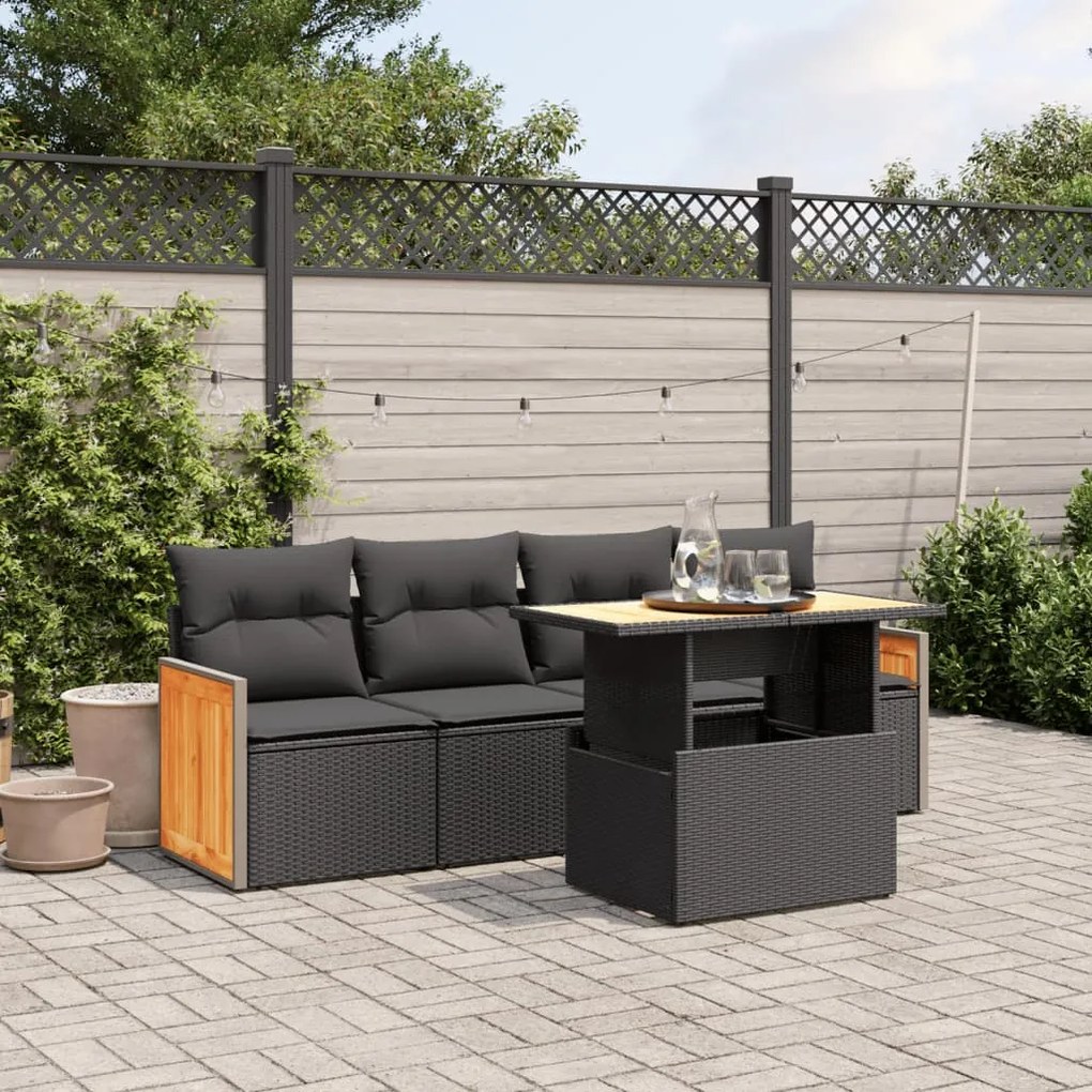 Set divani da giardino 5 pz con cuscini in polyrattan nero