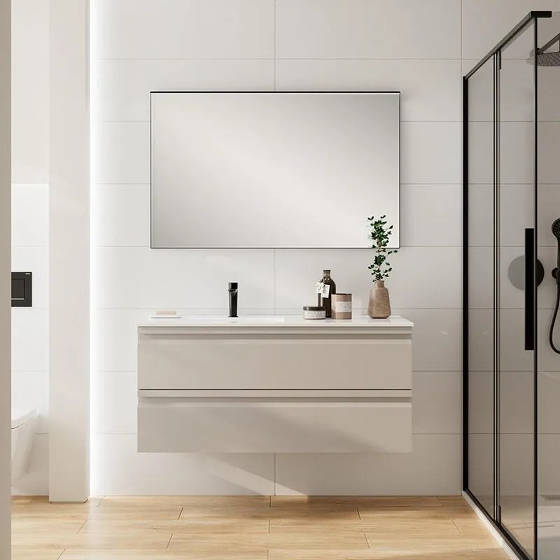 Mobile da bagno sospeso Pull taupe con lavabo in ceramica vasca SX base con 2 cassetti a chiusura ammortizzata (estrazione parziale), con presa maniglia L121 H57 P46,5 cm