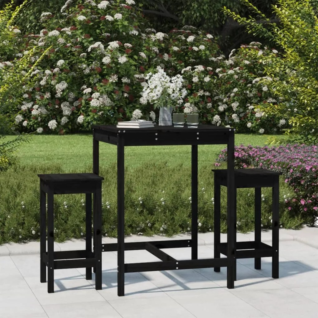 Set Bar Da Giardino 3 Pz Nero İn Legno Massello Di Pino /