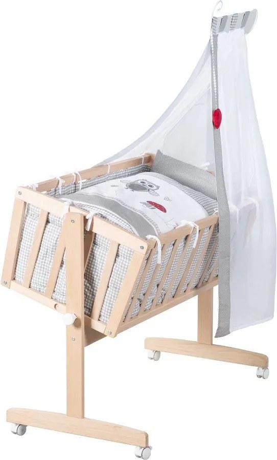 Culla di colore naturale in faggio massiccio con ruote e baldacchino 40x90 cm Adam and Owl – Roba
