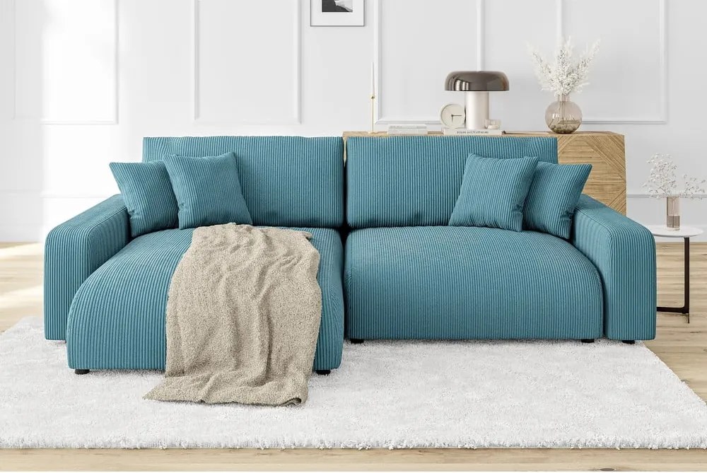 Divano angolare turchese allungabile con rivestimento in velluto a coste Sara – Ropez