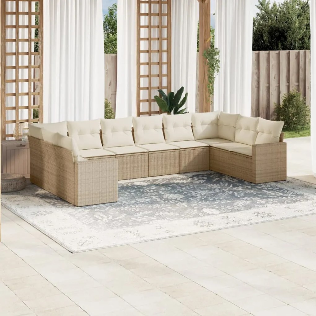 Set Divano da Giardino 10 pz con Cuscini Beige in Polyrattan