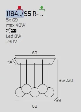 Sospensione bianco 5 luci rettangolare vetri 2x tr + 3x fu 1184bi-s...