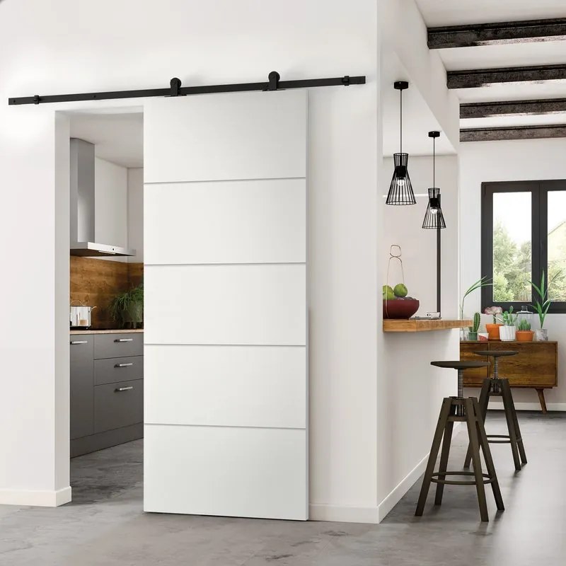 Porta scorrevole reversibile Fourlines in mdf bianco, L 93 x H 212 cm, con binario Retro