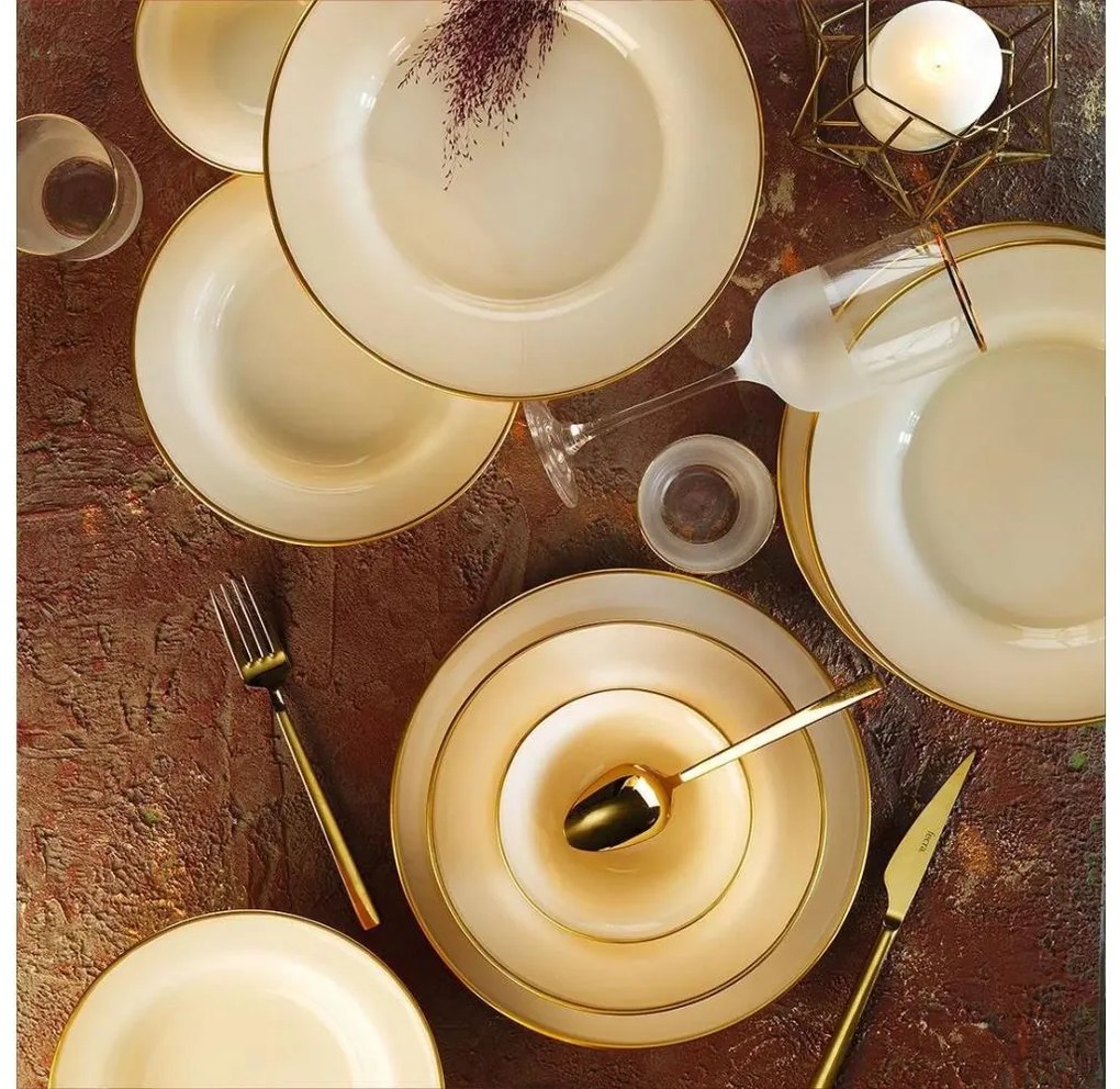 Servizio di piatti 18 pezzi, beige con dettagli dorati, in porcellana