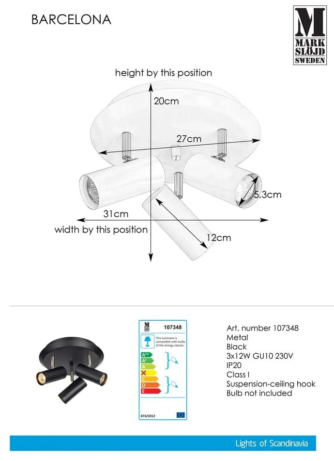 Lampada da parete nera Barcelona Tres - Markslöjd