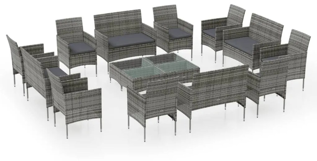 Set divani da giardino 16 pz con cuscini in polyrattan grigio