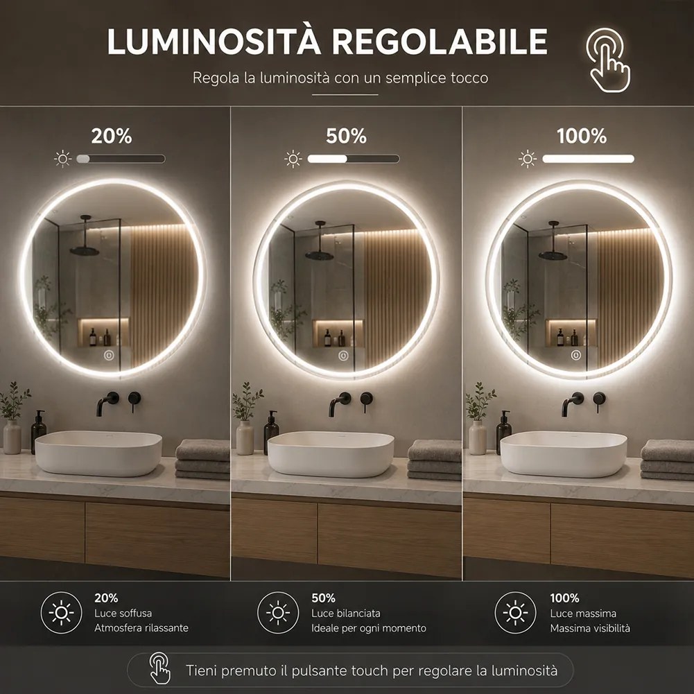 Specchio Rotondo Ø70 cm con LED a 3 Colori Dimmerabile Accensione Touch...