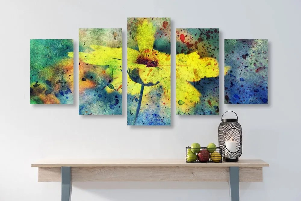 Quadri 5 pezzi – Fiore giallo con tocco vintage