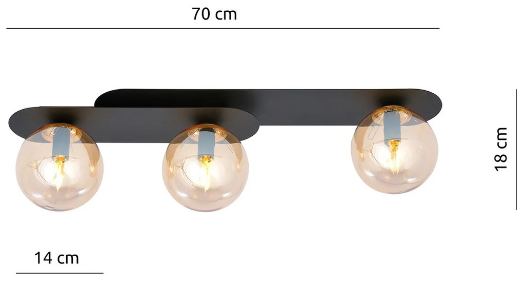 Plafoniera Minimal 3 Luci Teia In Acciaio Nero E Sfere Vetro Ambra