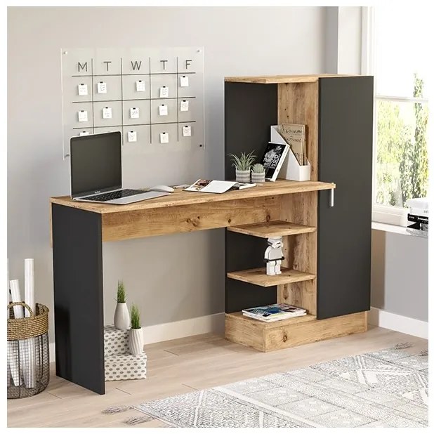 Scrivania Libreria Moderna 150 Cm Con Anta Laterale Legno E Nero Lambda