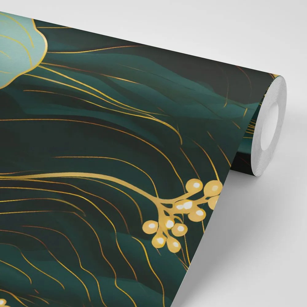 Carta da parati – Fiore verde-oro di lusso