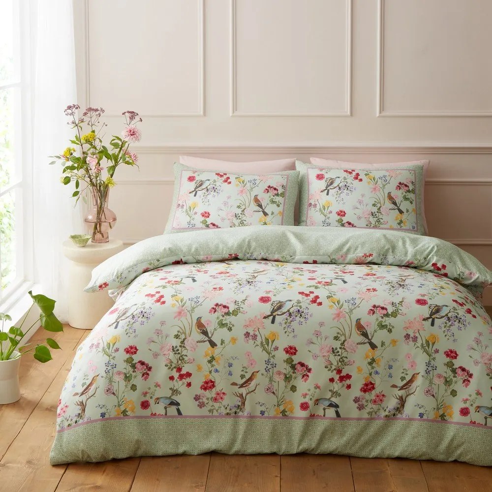 Set copripiumino e federa verde per letto matrimoniale/per letto esteso 3 pezzi 230x220 cm Birds In Bloom – RHS