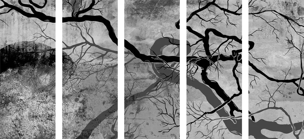 Quadri 5 pezzi – Alberi surrealisti in bianco e nero