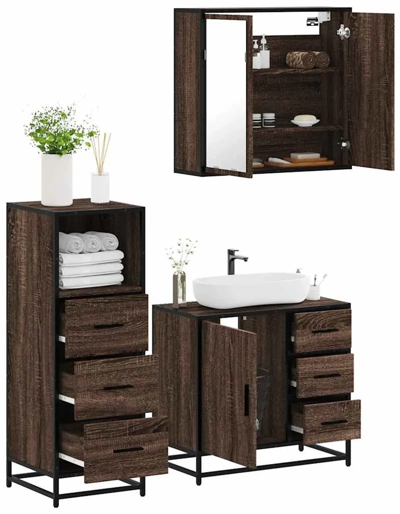 Set Mobili Da Bagno 3 Pz Rovere Marrone İn Legno Multistrato /