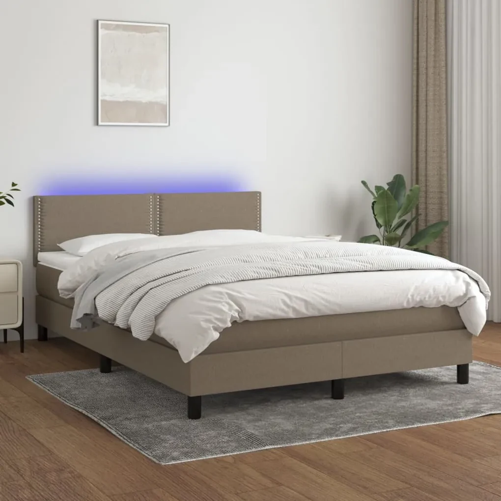 Letto a molle con materasso e led tortora 140x200 cm in tessuto