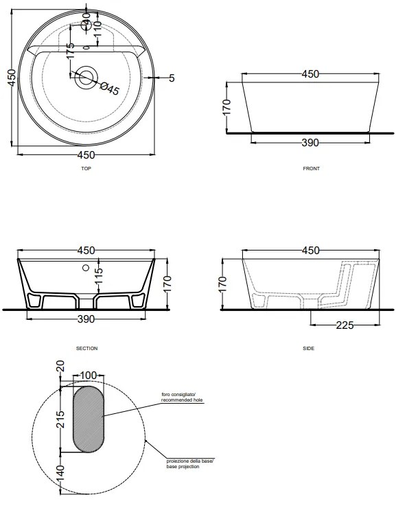 Cielo Handy lavabo 45 cm tondo monoforo da appoggio e troppopieno in ceramica bianco lucido